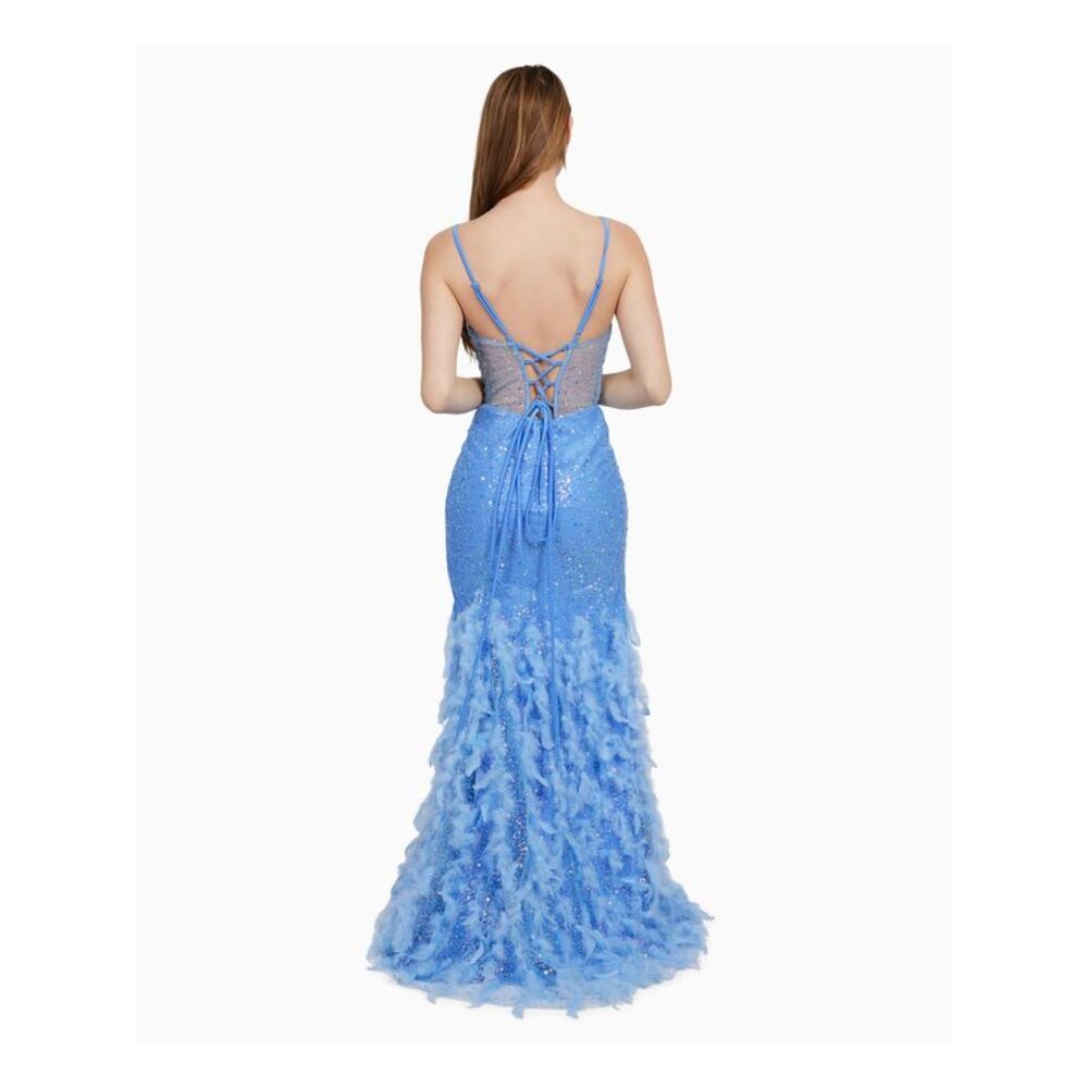DEAR MOON Womens Dress Blue Spaghetti Strap Bodice Boning Feathered Juniors 9 - Picture 2 of 4